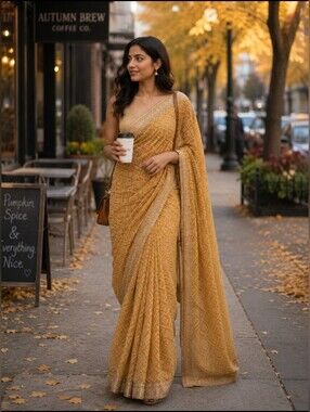 Mustard Printed Shiffon Saree